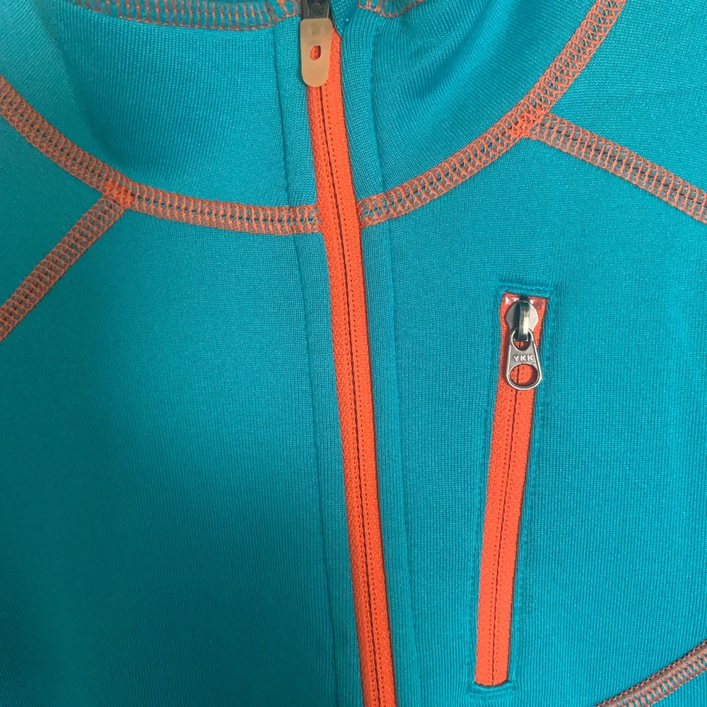 Marmot Teal Fleece with Orange Stitching Size M Vertical Zipped Pocket - Picture 4 of 12